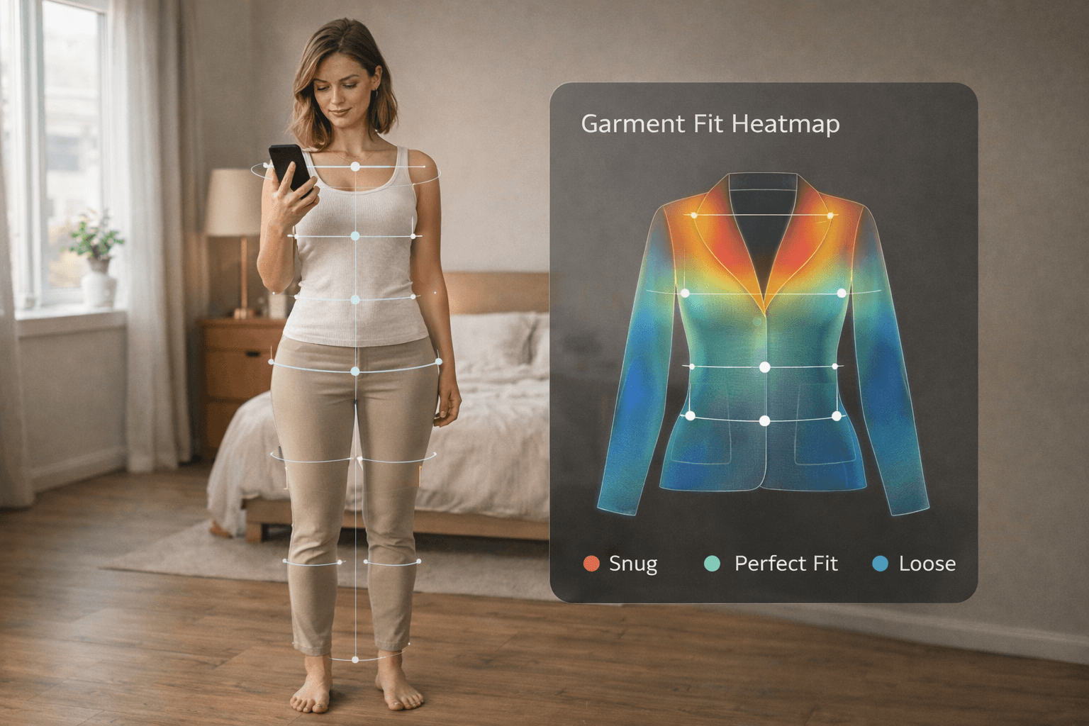 Shopper using a phone while VTS maps body measurements and displays a garment fit heatmap with snug, perfect fit, and loose zones.