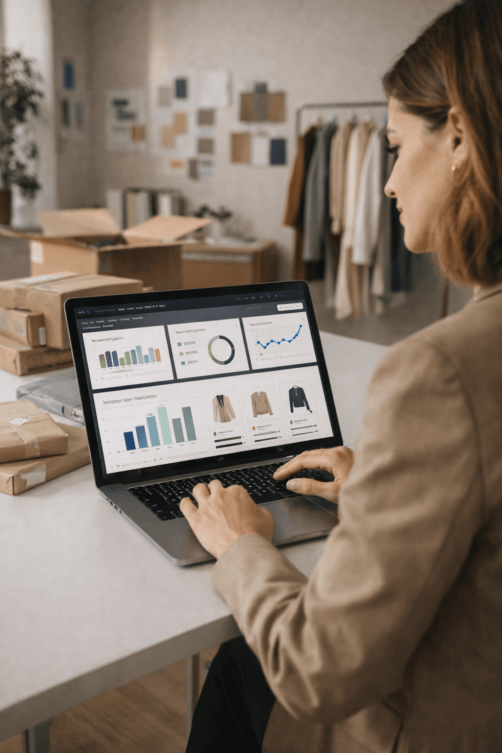 Fashion merchant reviewing a VTS analytics dashboard on a laptop with return rate, size distribution, and product performance charts.