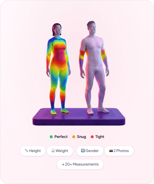 Optimo VTS fit engine preview with two body scans, fit heatmap legend, and shopper input chips