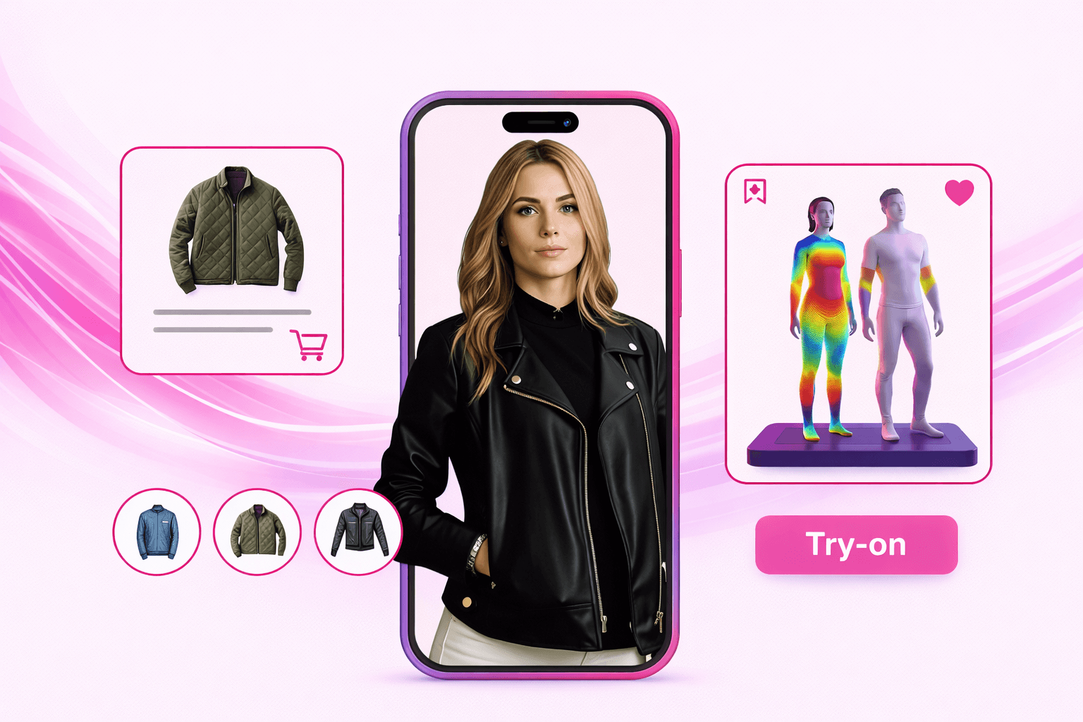 Virtual try-on interface showing product selection, a model preview, and fit heatmap