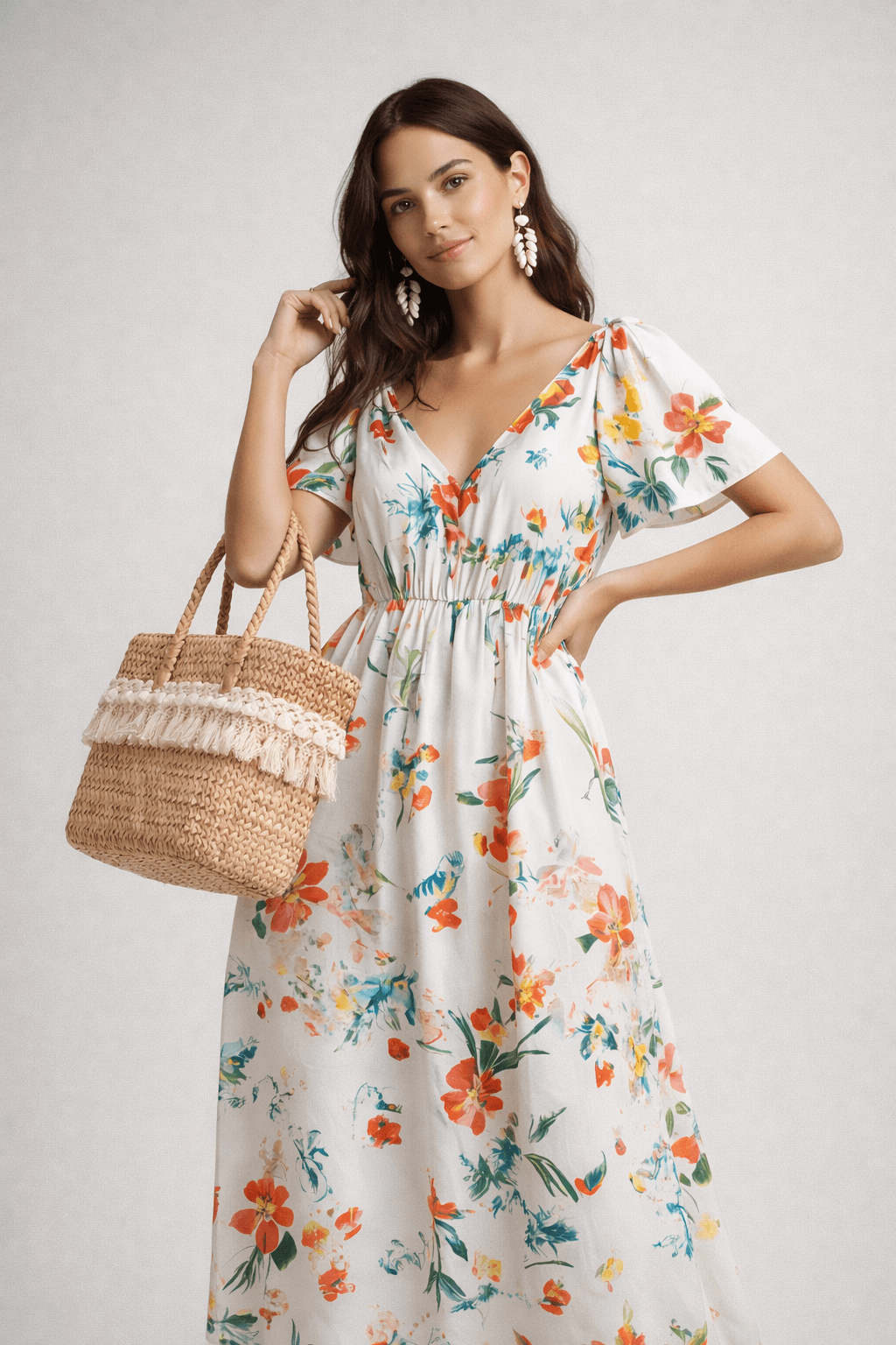 After virtual try-on: model wearing the floral dress